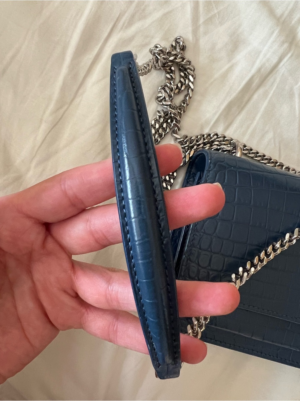 Saint Laurent Small Sunset Bag in Denim Blue Croc-Embossed Leather - Picture 15 of 16